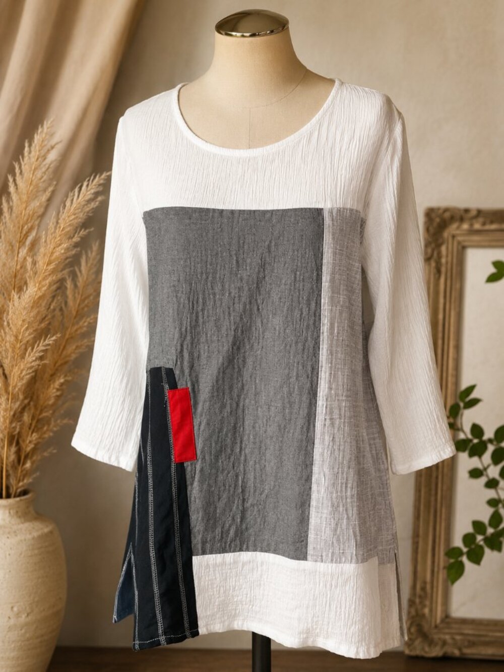 Parsley & Sage Art-to-Wear Tunic Top Medium Boho Patchwork Crinkle Cotton